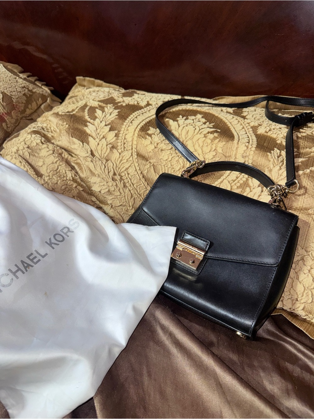 Michael Kors Black Leather Crossbody with Gold-Tone Hardware